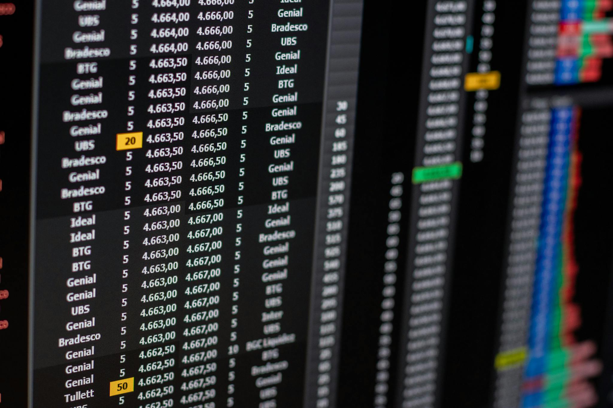Close-up of financial data on a computer screen showing stock market trends.